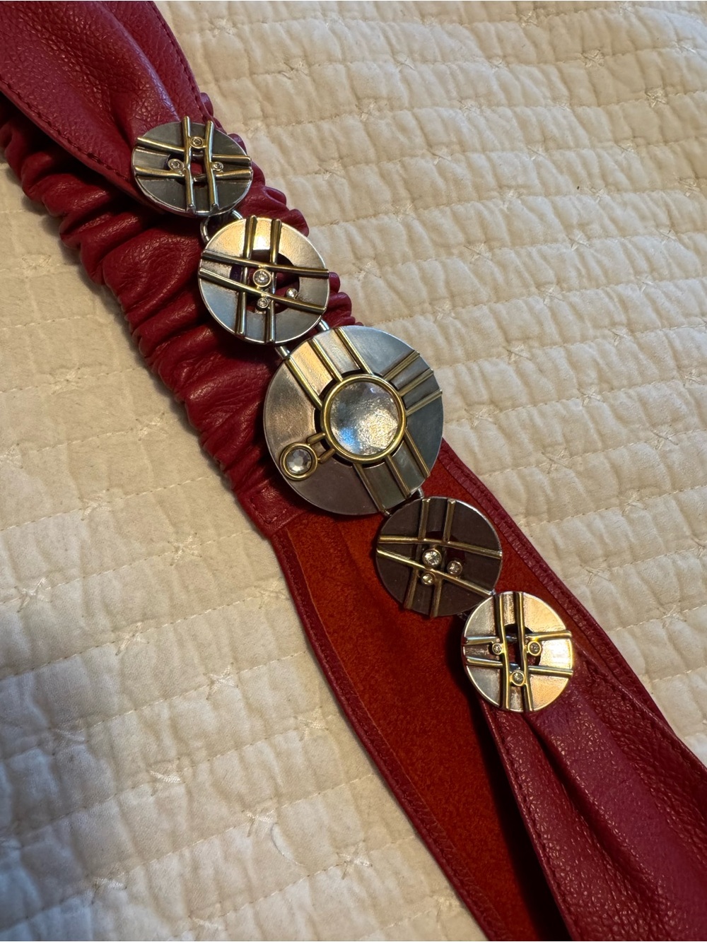 Vintage 80s Red Leather Women's Fashion Belt with Decorative Metal Medallions